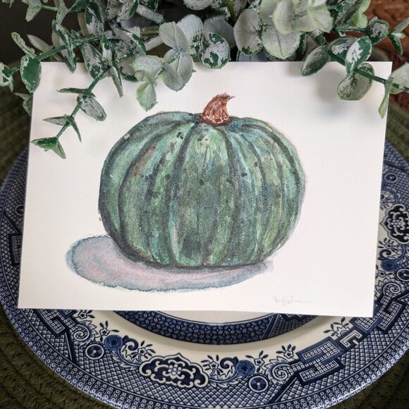 Original Watercolor Dark Green Minimalist Kabocha Squash - Picture 2 of 5